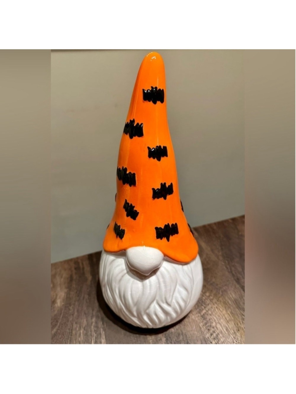Ceramic Halloween Gnome 12” Orange & White with Bats on the Hat